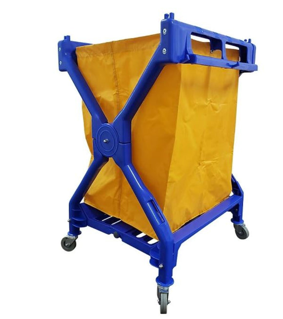 Chariot commercial bleu pour linge/courrier en forme de X roues pivotantes et sac polyester