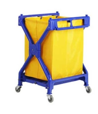 Chariot de ménage en X plastique bleu et sac en vinyle jaune